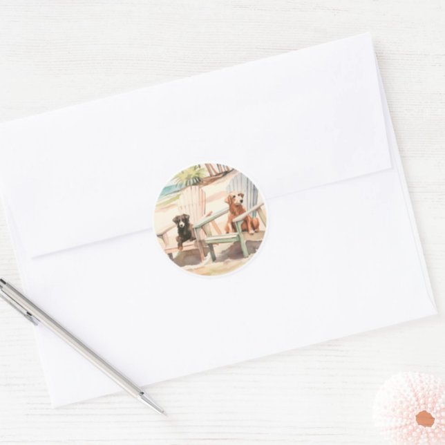 Pastel Beach Scene Hunde in Adirondack Stühlen Runder Aufkleber (Coastal Sticker Seal with Dogs in Adirondack Chairs)