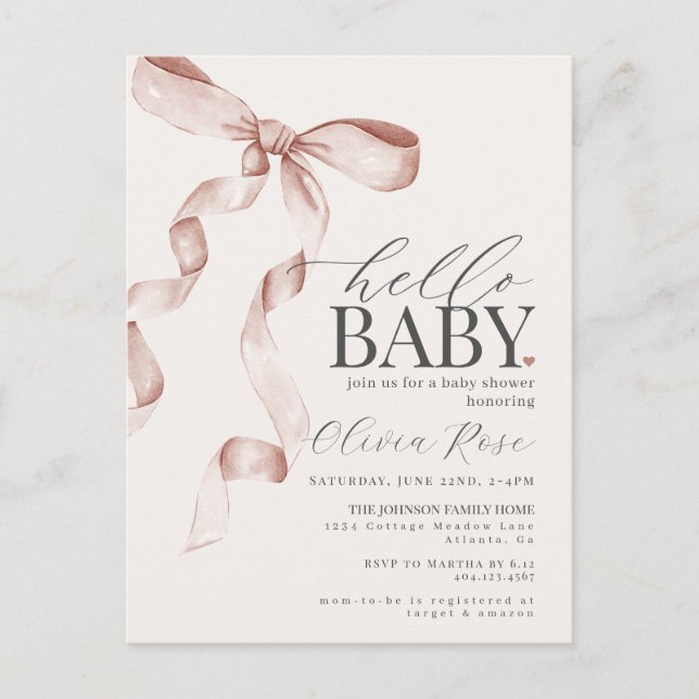 Pastel Beige Coquette Bow Girl Babydusche Einladun Postkarte (Vorderseite)
