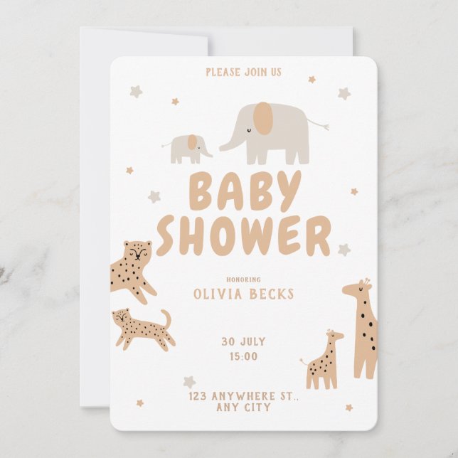 Pastel Beige Niedlich Illustrative Babydusche Einladung (Vorderseite)
