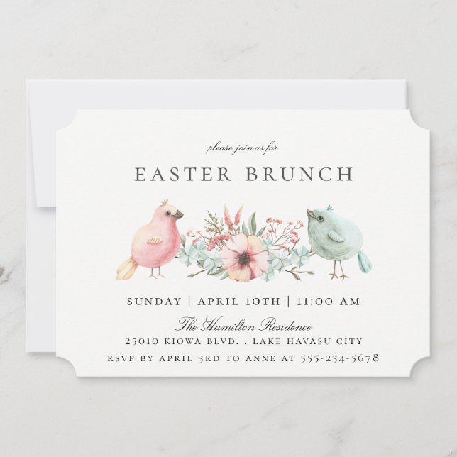 Pastel Birds Floral Pâques Brunch Invitation (Devant)