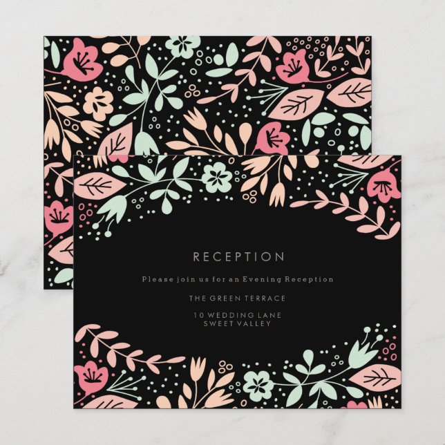 Pastel Black Modern Floral Mariage Carte Réception (Devant / Derrière)