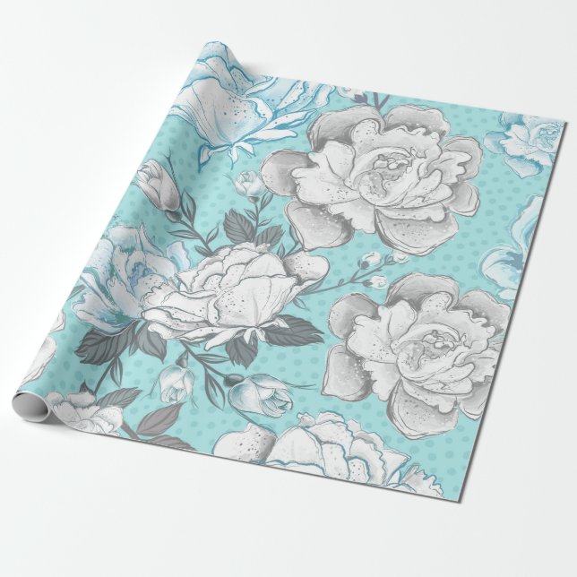 PASTEL BLAU & GRAU BLUME GESCHENKPAPIER (Ungerollt)