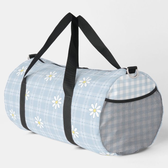 PASTEL BLAU MIT WEISSEN SCHÄDEN & GINGHAM DUFFLE BAG (Rechte Ecke)