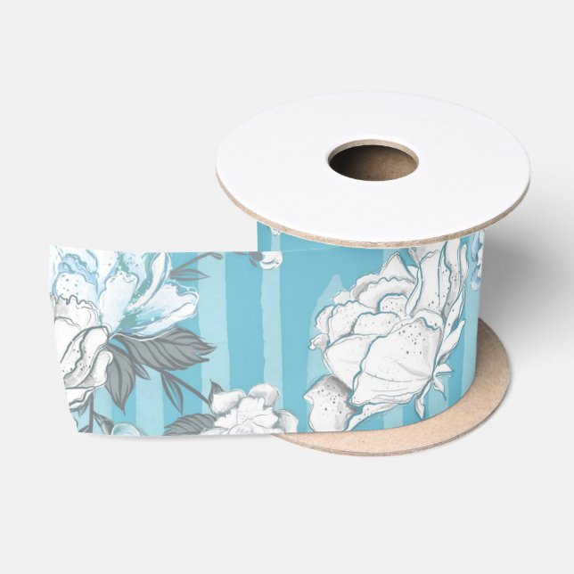 PASTEL BLAU & WEISS BLUME SATINBAND (Spule)