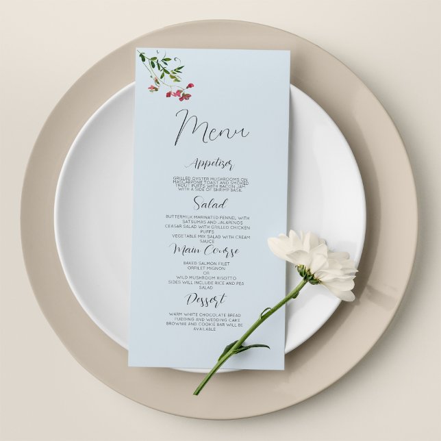 Pastel bleu rose rouge vert fleurs Menu de mariage (Pastel blue pink red green flowers Wedding Menu)