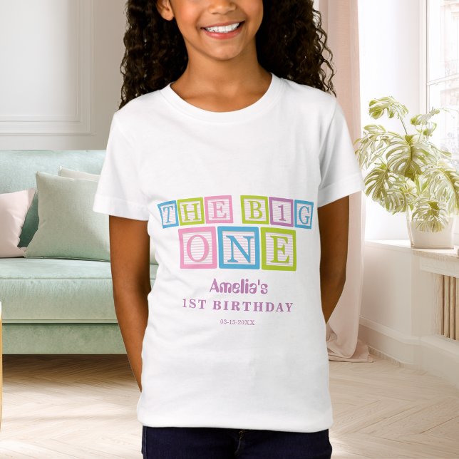 Pastel Block Letters Big One First Birthday T-Shirt (Von Creator hochgeladen)