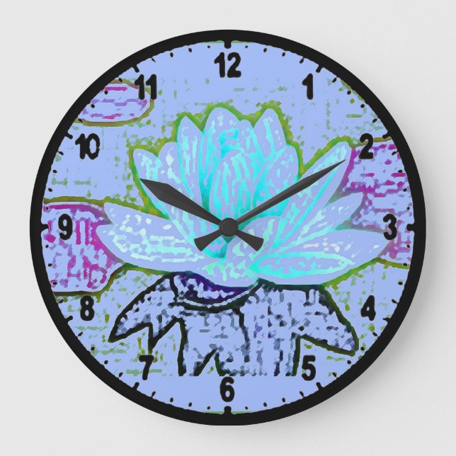 PASTEL BLOOMING BLUE LOTUS PASTEL ARA DESIGNER ART GROßE WANDUHR (Vorderseite)