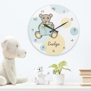 Pastel Blue and Yellow Cute Teddy Bear Children's Große Wanduhr