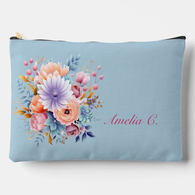 Pastel Blue Aquarelle Floral Sac cosmétique (Recto)