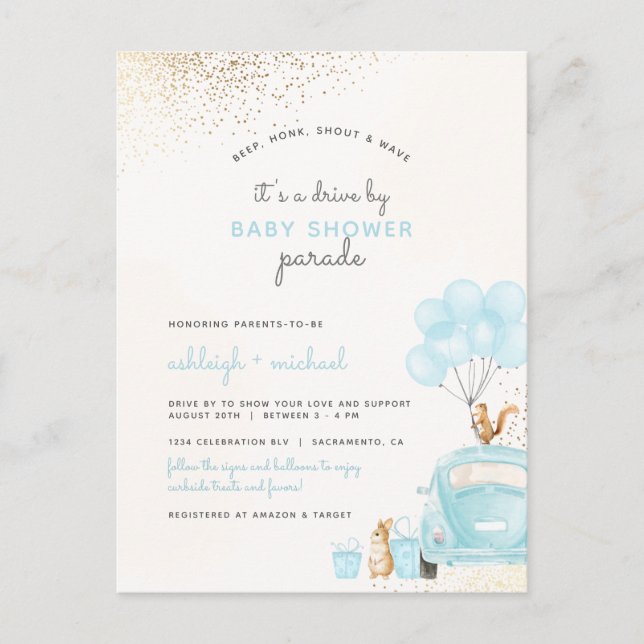 Pastel Blue Balloons Auto mit Baby-Dusche Einladungspostkarte (Vorderseite)