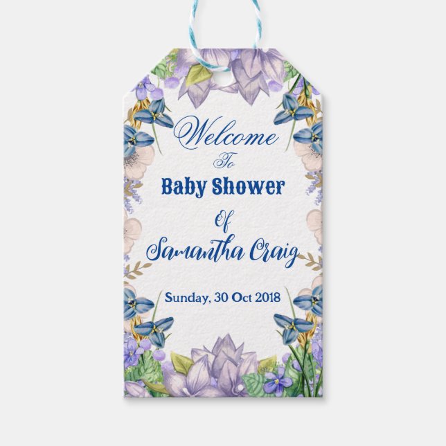 Pastel Blue Blooms Lila Lilac Floral Baby Dusche Geschenkanhänger (Vorderseite)