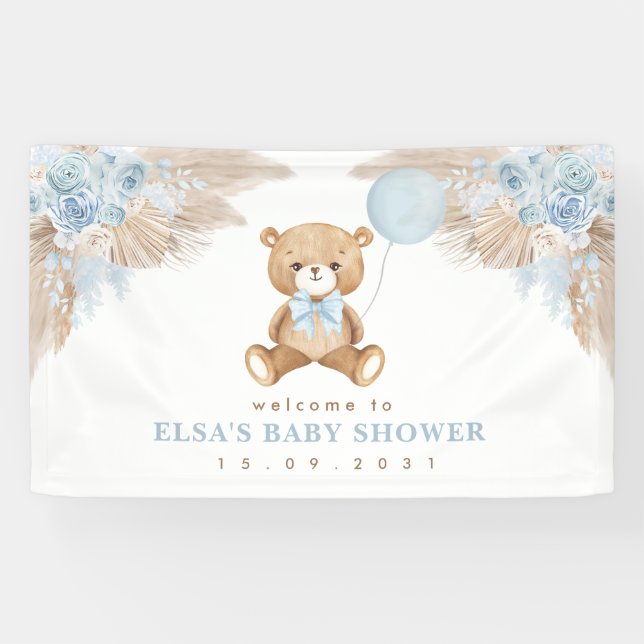 Pastel Blue Boho Pampas Teddy Bear Welcome Baby Banner (Horizontal)
