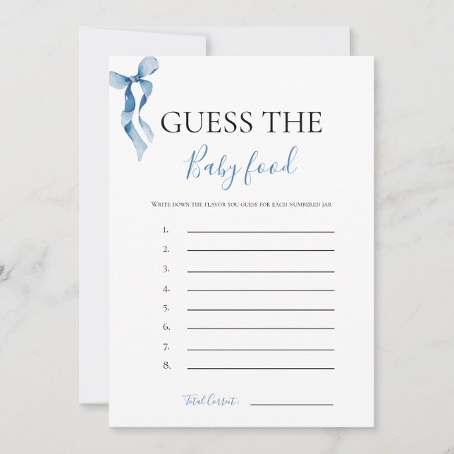 Pastel Blue Bow schätzt die Baby Food Game Card Einladung (Vorderseite)