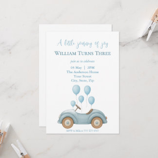 Pastel Blue Car & Balloons Boys Birthday Party - Einladung