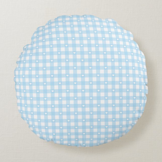 Pastel Blue Checks Rundes Kissen (Vorderseite)