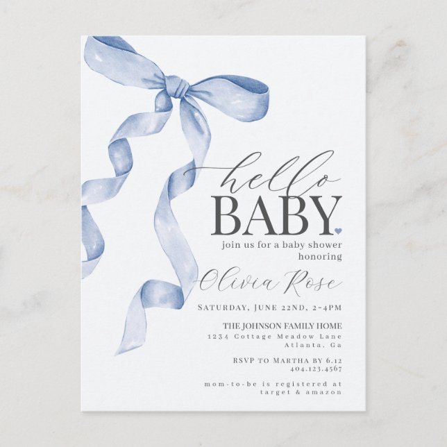 Pastel Blue Coquette Bow fille Invitation Baby sho (Devant)