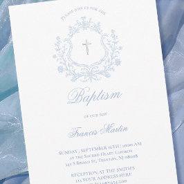 pastel blue crest baby boy Baptism Einladung