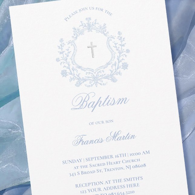 pastel blue crest baby boy Baptism Einladung (Von Creator hochgeladen)
