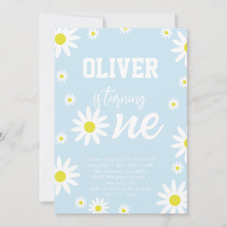 Pastel Blue Daisy 1. Geburtstag Party Boho White Einladung
