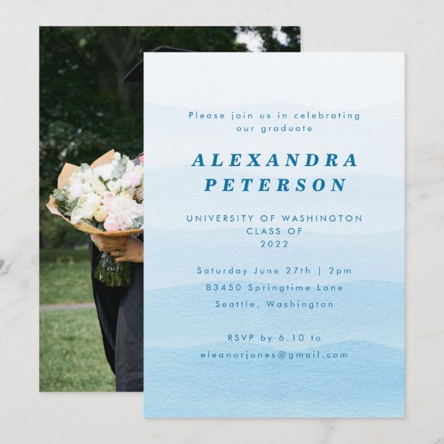 Pastel Blue Dip Dye Ombre Foto Graduation Party Einladung (Vorne/Hinten)