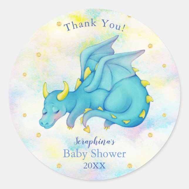 Pastel Blue Dragon Boy Baby Dusche Danke Runder Aufkleber (Vorderseite)