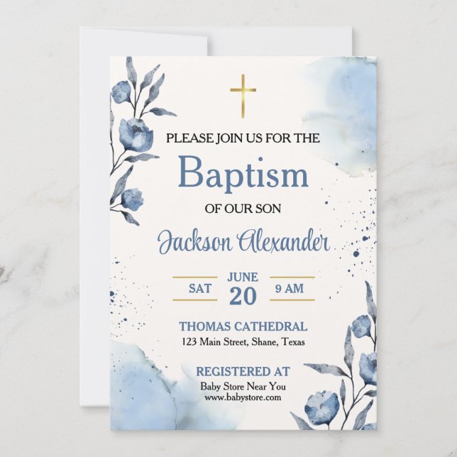 Pastel Blue Floral Baby Boy Taufe Einladung (Vorderseite)