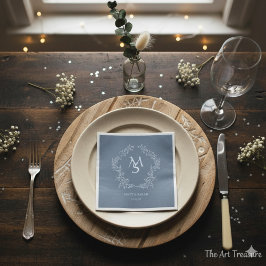 Pastel Blue Floral Crest Frame Elegant  Serviette