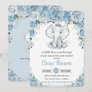 Pastel Blue Floral Elephant Prince Boy Baby Dusche Einladung