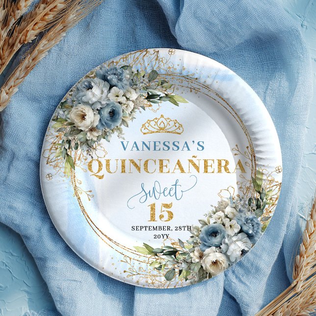 Pastel Blue Floral Eucalyptus Gold Custom Plates Pappteller (Pastel Blue Floral Eucalyptus Gold Custom Plates)