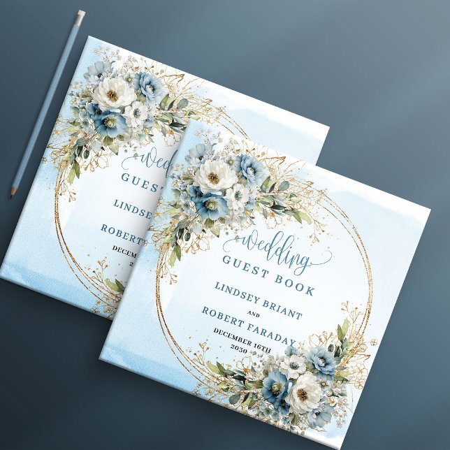 Pastel Blue Floral Greenery Gold Glitter Sign In Gästebuch (Pastel Blue Floral Greenery Gold Glitter Guest Book

)