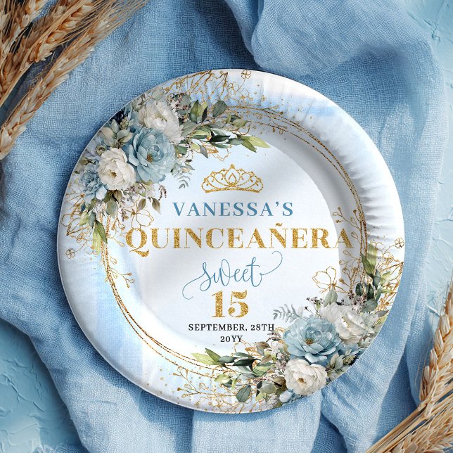 Pastel Blue Floral Greenery Gold Quinceañera Plate Pappteller (Pastel Blue Floral Greenery Gold Quinceañera Plates)