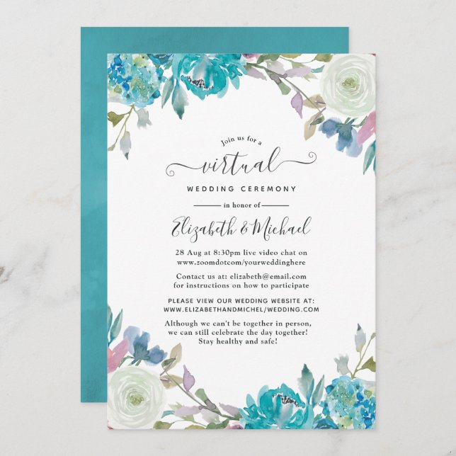 Pastel Blue Floral Online Virtual Wedding Einladung (Vorne/Hinten)