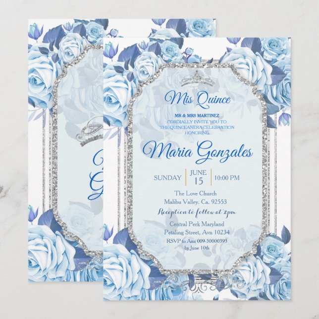 Pastel Blue Floral Rose Mis Quince Einladung (Vorne/Hinten)
