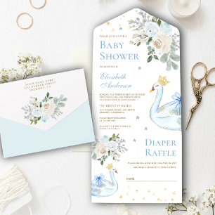 Pastel Blue Floral Swan Princess Baby Dusche All In One Einladung