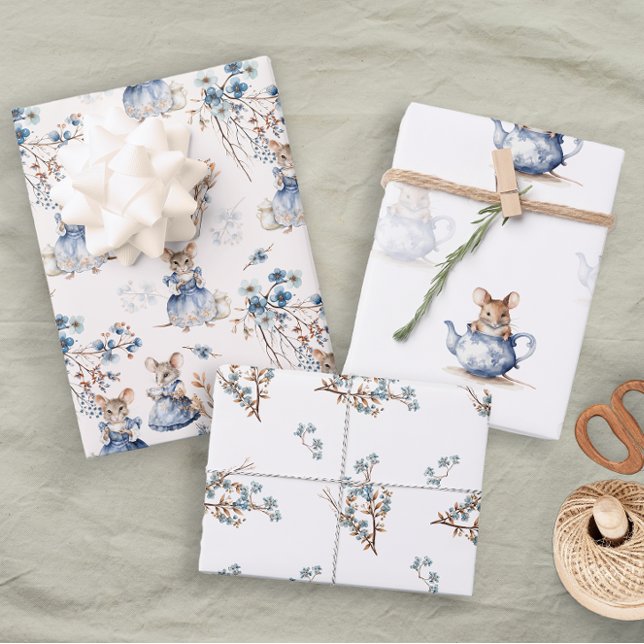 Pastel Blue Floral Tee Mice Geschenkpapier Set (Von Creator hochgeladen)