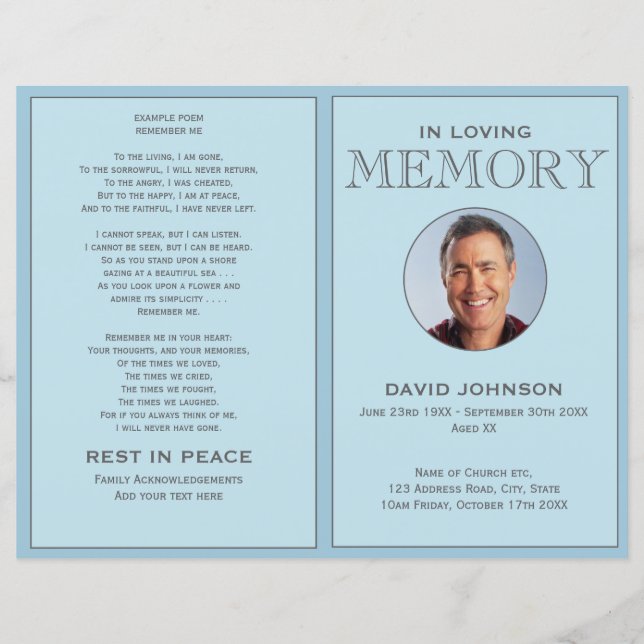 Pastel Blue Foto Order of Service Funeral Program (Vorderseite)