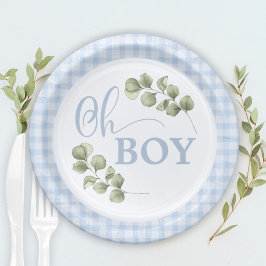 Pastel Blue Gingham Baby Boy Baby Shower Pappteller