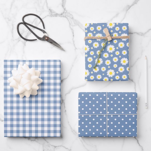 Pastel Blue Gingham Daisy Blume Polka Dot Pattern Geschenkpapier Set (Vorderseite)