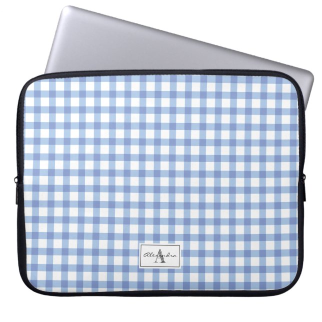 Pastel Blue Gingham Kariert Checked Pattern Monogr Laptopschutzhülle (Vorderseite)