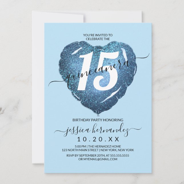 Pastel Blue Glitzer Heart Balloon Quinceañera Einladung (Vorderseite)