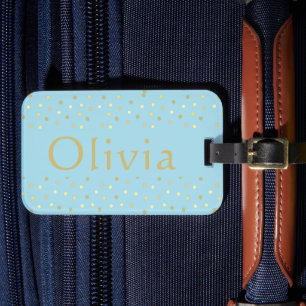 Pastel Blue Gold Confetti Dots Personalisiert Gepäckanhänger