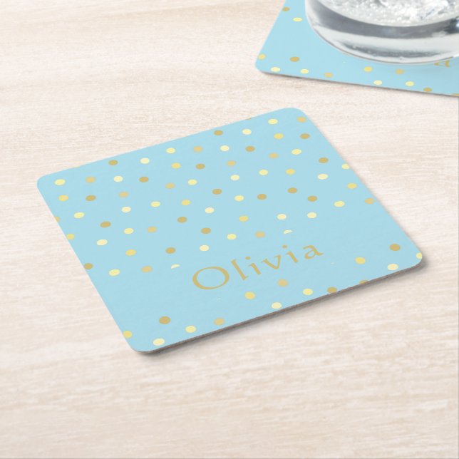 Pastel Blue Gold Confetti Dots Personalisiert Rechteckiger Pappuntersetzer (angewinkelt)
