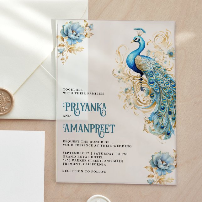 Pastel Blue Gold Floral Indian Peacock Wedding Acryleinladungen (Von Creator hochgeladen)