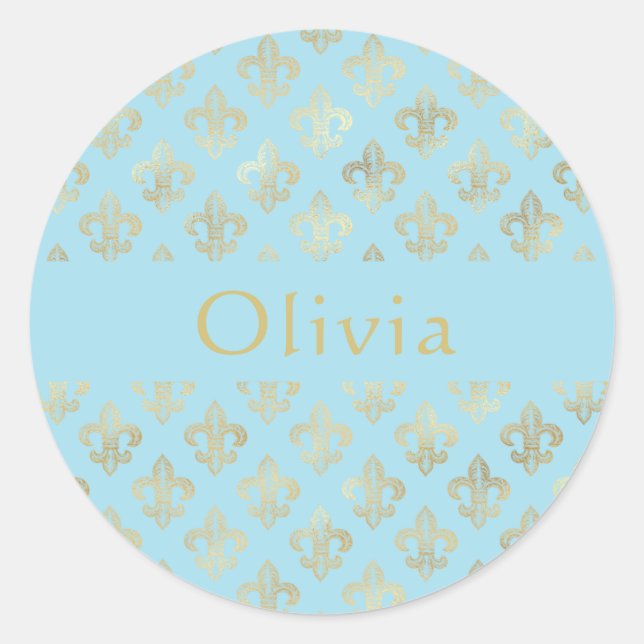 Pastel Blue Gold Lilie Personalisiert Runder Aufkleber (Vorderseite)