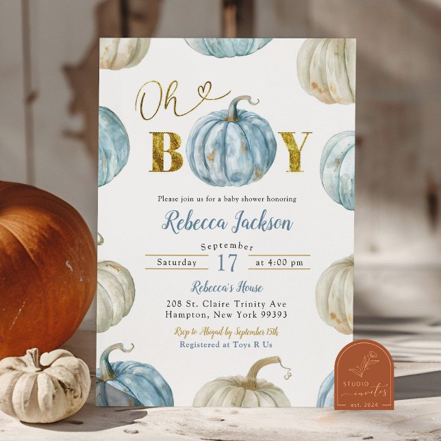 Pastel Blue Gold Oh Boy Pumpkin Baby Dusche Einladung (Von Creator hochgeladen)