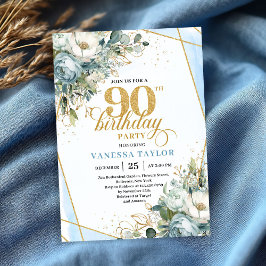 Pastel blue gold shimmer floral 90th birthday  einladung
