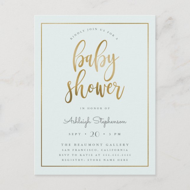 Pastel Blue & Gold Typografie Kinderdusche Einladungspostkarte (Vorderseite)