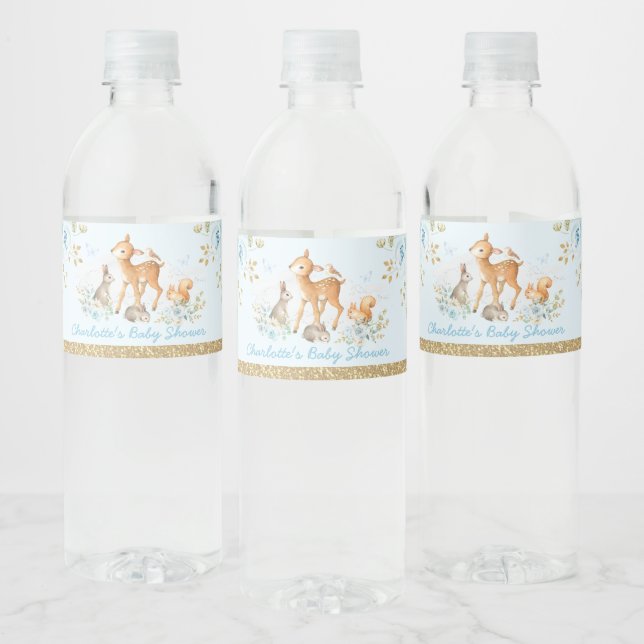 Pastel Blue Gold Woodland Floral Baby Dusche (Flaschen)