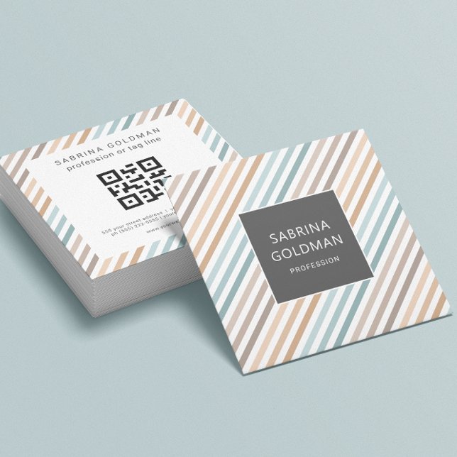 Pastel Blue Gray Gold Streifen QR CODE Quadratische Visitenkarte (Von Creator hochgeladen)