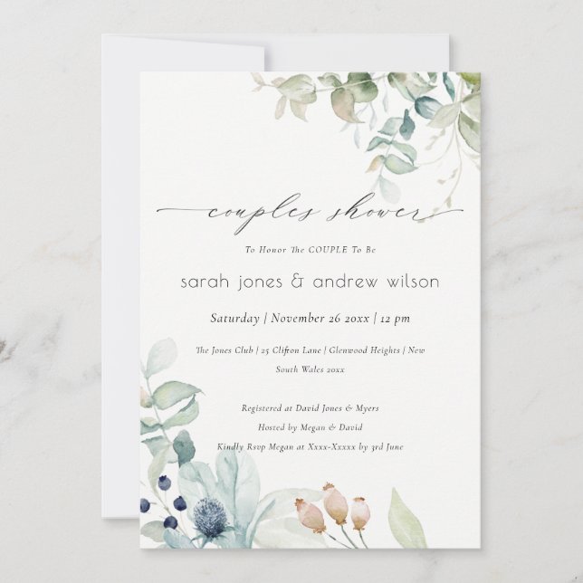Pastel Blue Green Foliage Paare Dusche laden ein Dankeskarte (Vorderseite)